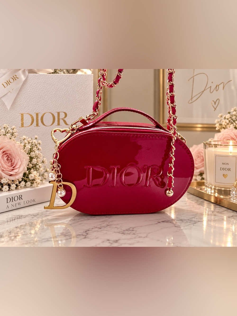 Dior Pink Patent Leather Oval Crossbody Bag with Gold Chain